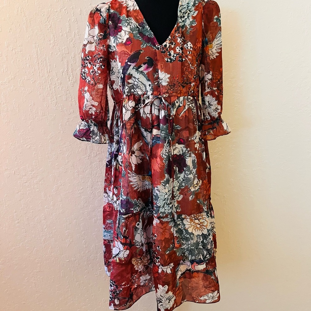 Hemant and Nandita‎ Zeri bird floral tiered midi dress
